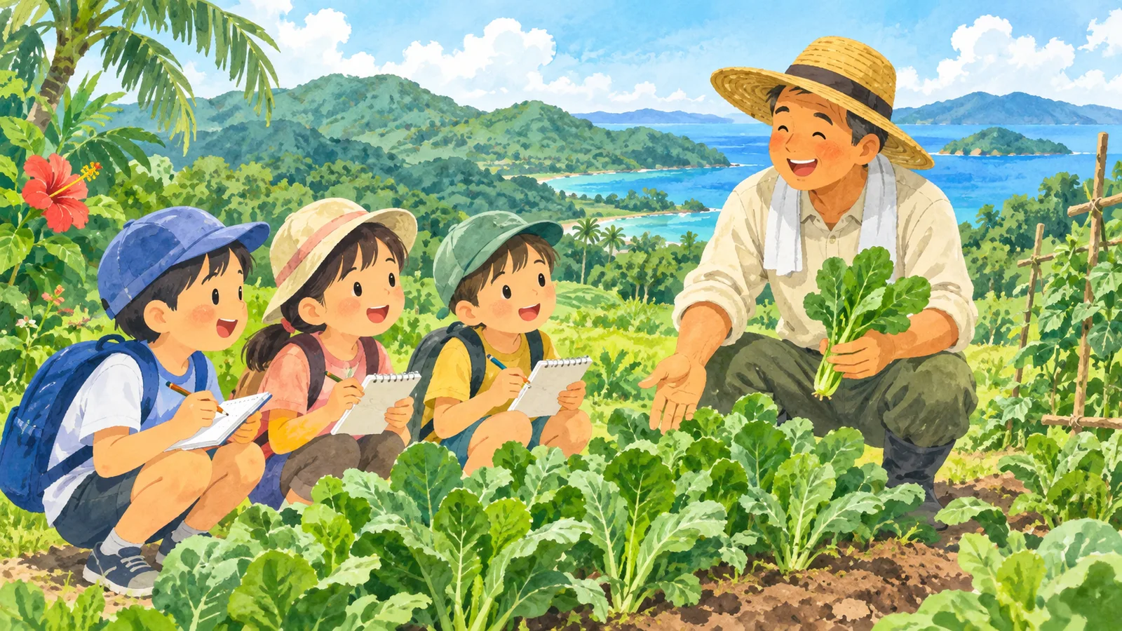 島の畑で、野菜を手にした農家の話を聞きながらノートを取る子どもたちのイラスト