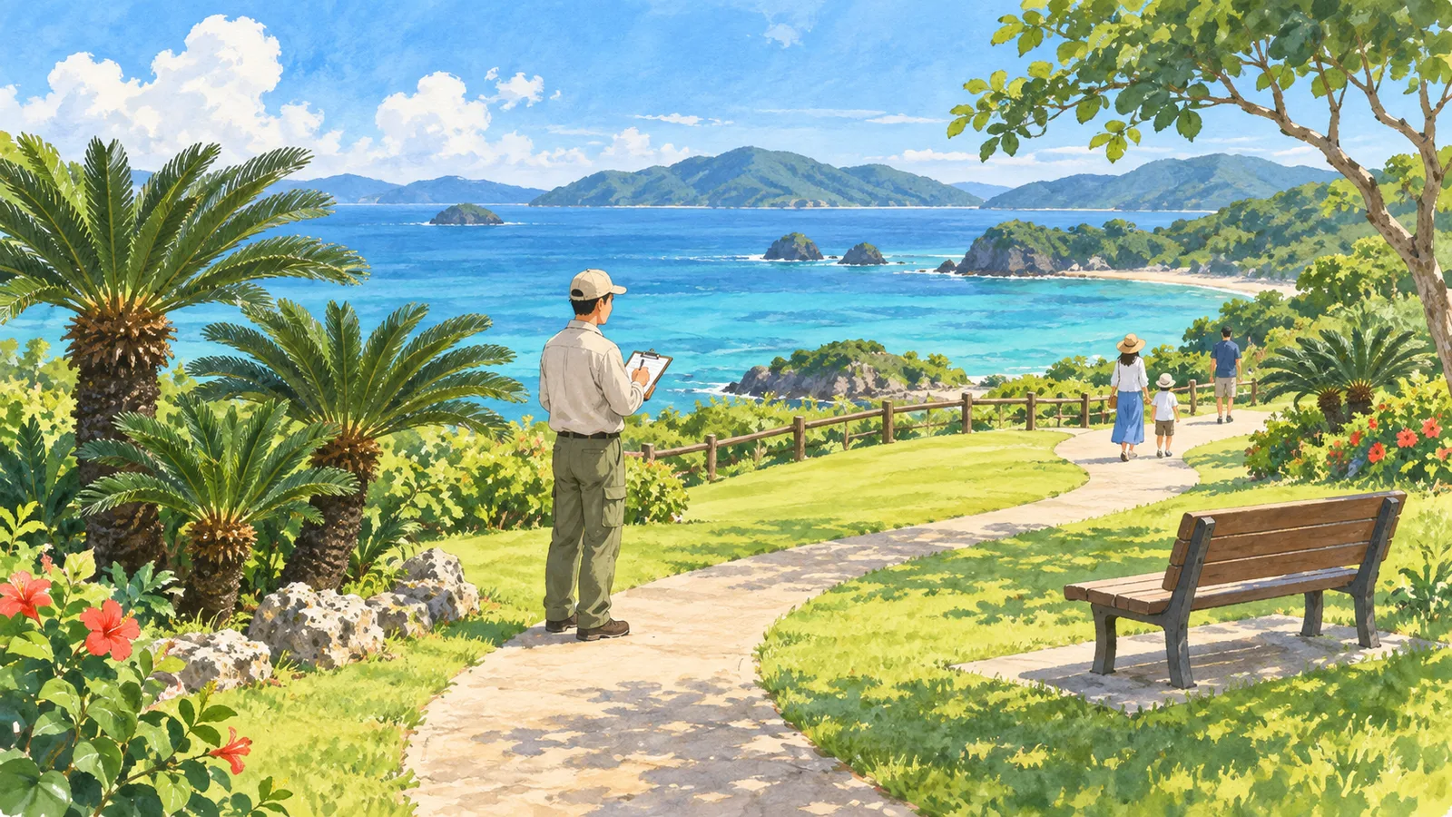 ソテツのある海辺の公園で、遊歩道を確認する係員と散歩を楽しむ人たちを描いたイラスト