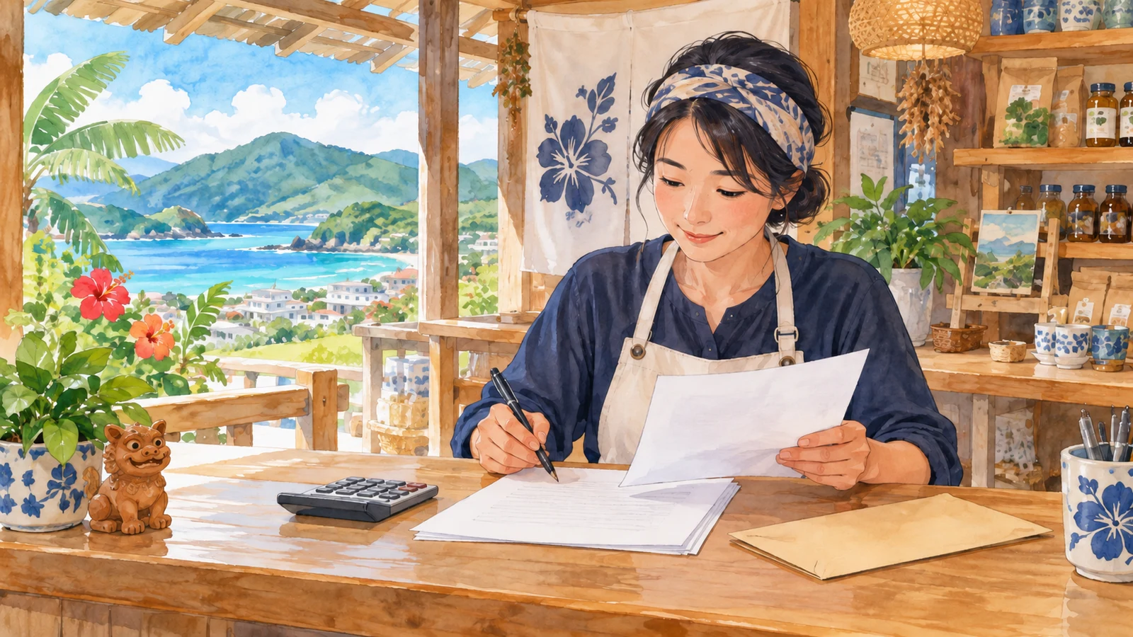 海と島の緑が見える店内で、事業者が申請書類を確認する様子を描いたイラスト
