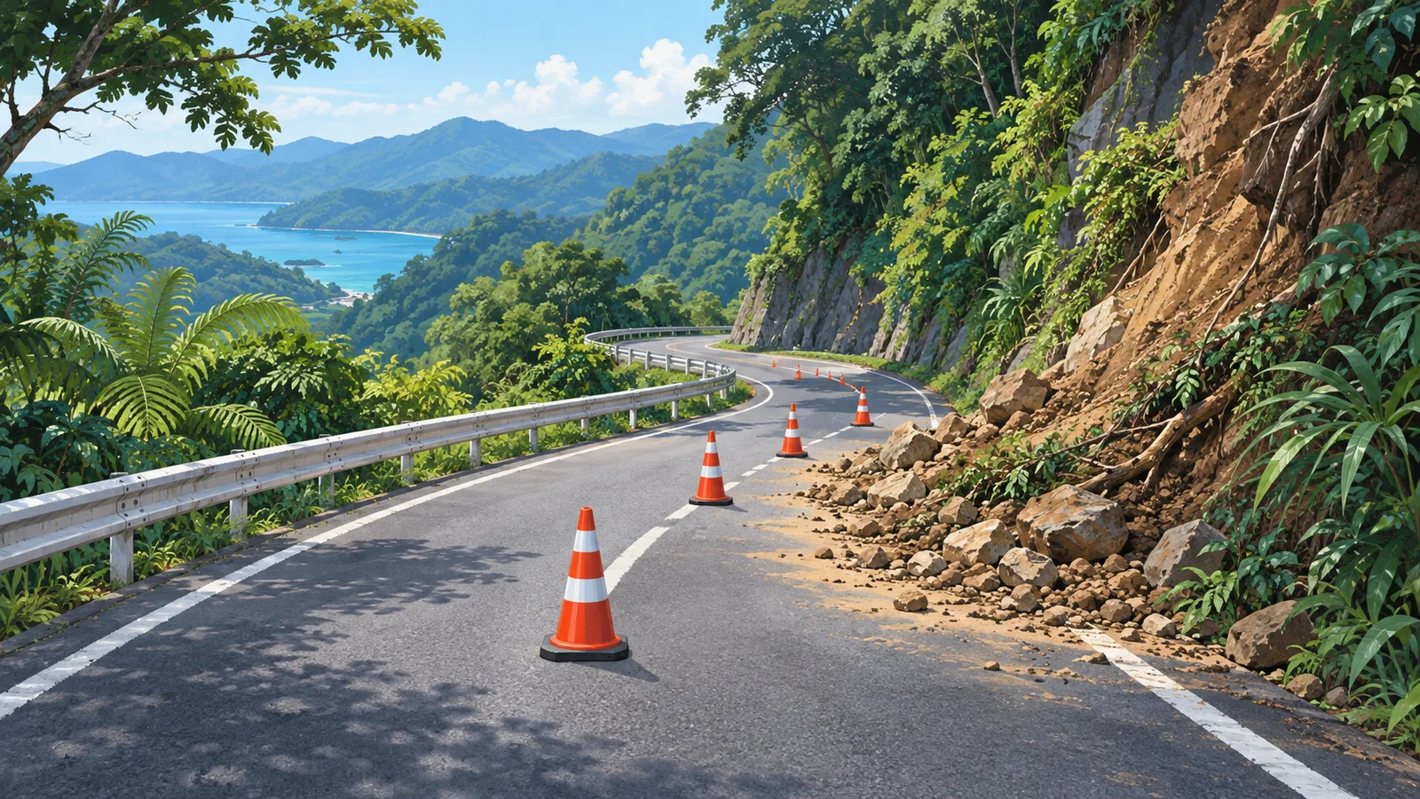 緑に囲まれた山道の斜面から土砂が崩れ、安全コーンが置かれた様子を描いたイメージ