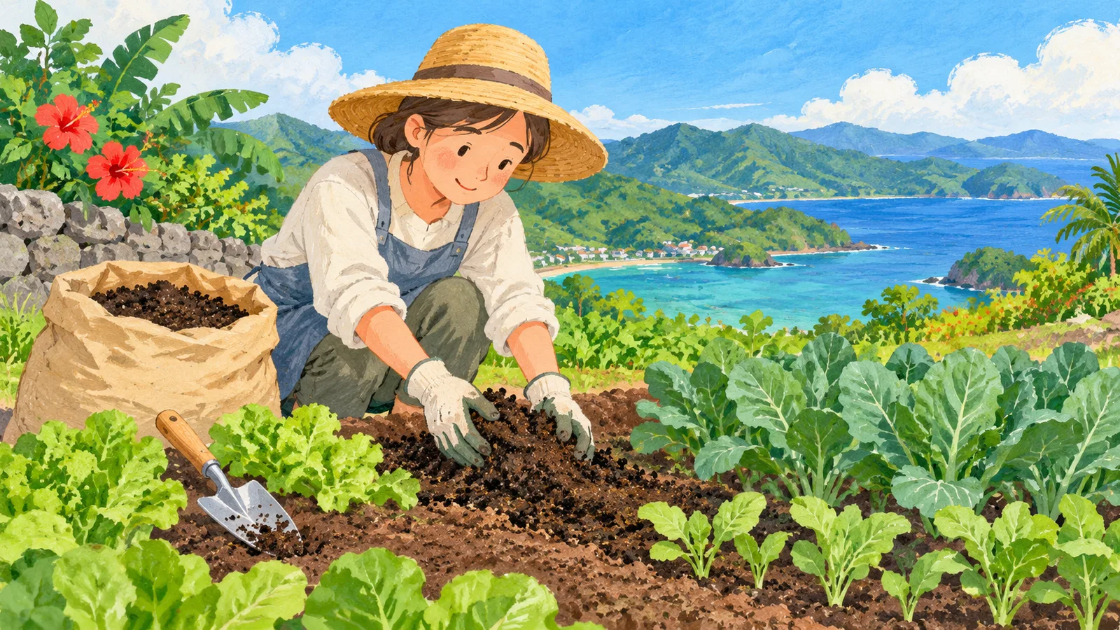 島の海と緑を背景に、家庭菜園の土へ堆肥を混ぜる人と野菜の苗を描いたイラスト