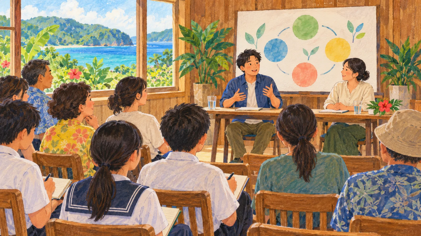 島の緑が見える架空の会議室で、中高生や大人が登壇者の話を聞く様子を描いたAI生成イラスト