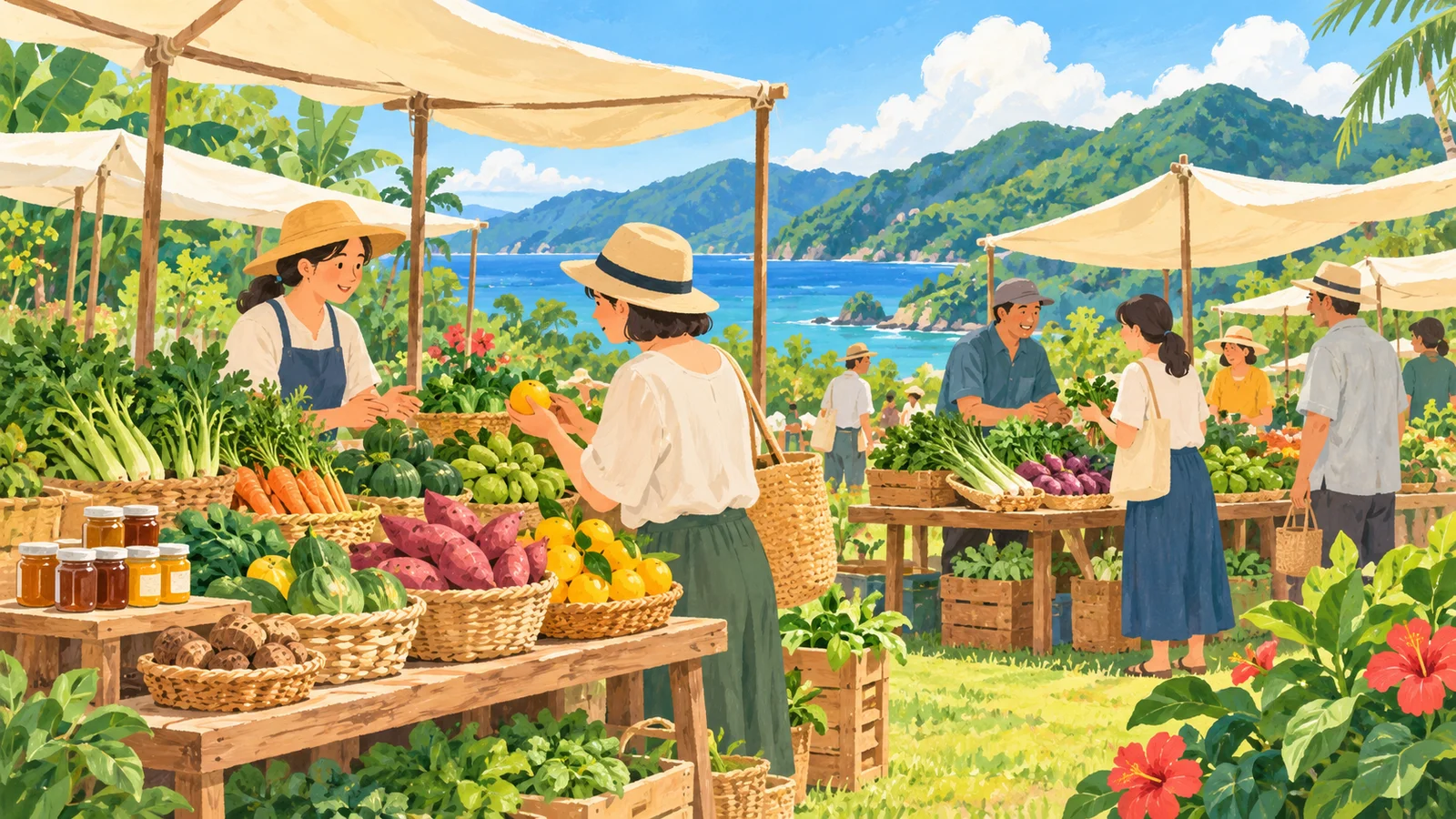 緑の山を背景に、架空の屋外マルシェで島の野菜や果物を並べ、人々が買い物をするAI生成イラスト