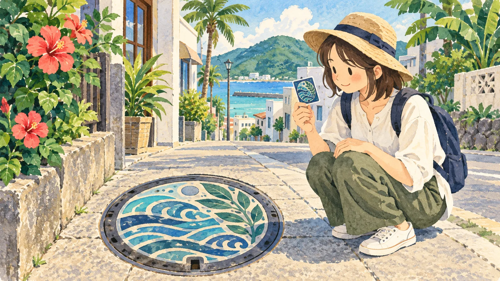 島の街角でカードを手にし、波と葉の模様のマンホールに目を向ける人を描いたイラスト