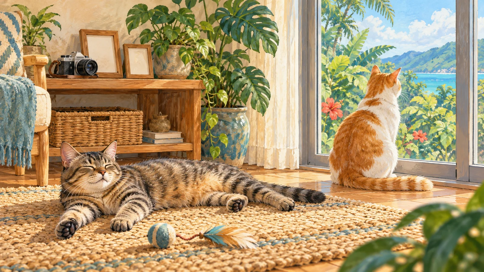 閉じた窓から緑が見える架空の室内で、2匹の猫がくつろぐ様子を描いたAI生成イラスト