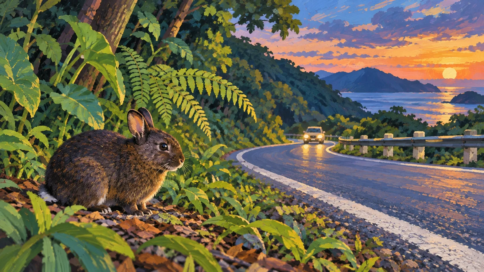 奄美大島の森に接する道路脇にいるアマミノクロウサギを描いたイメージ
