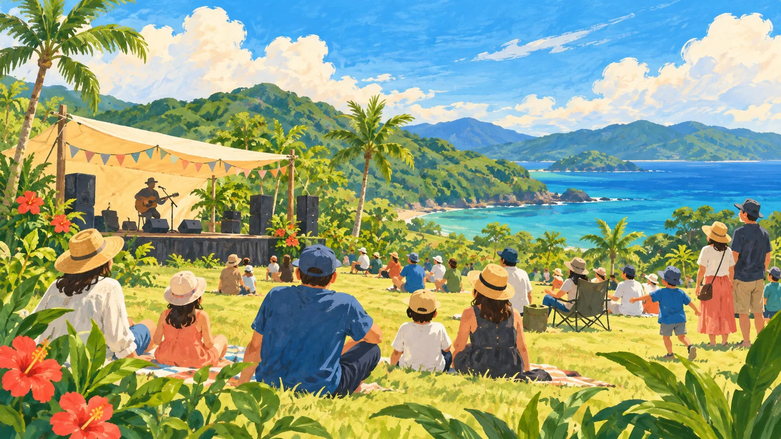 島の緑と青い海を背景に、屋外のステージを家族や地域の人たちが楽しむ様子を描いたイラスト