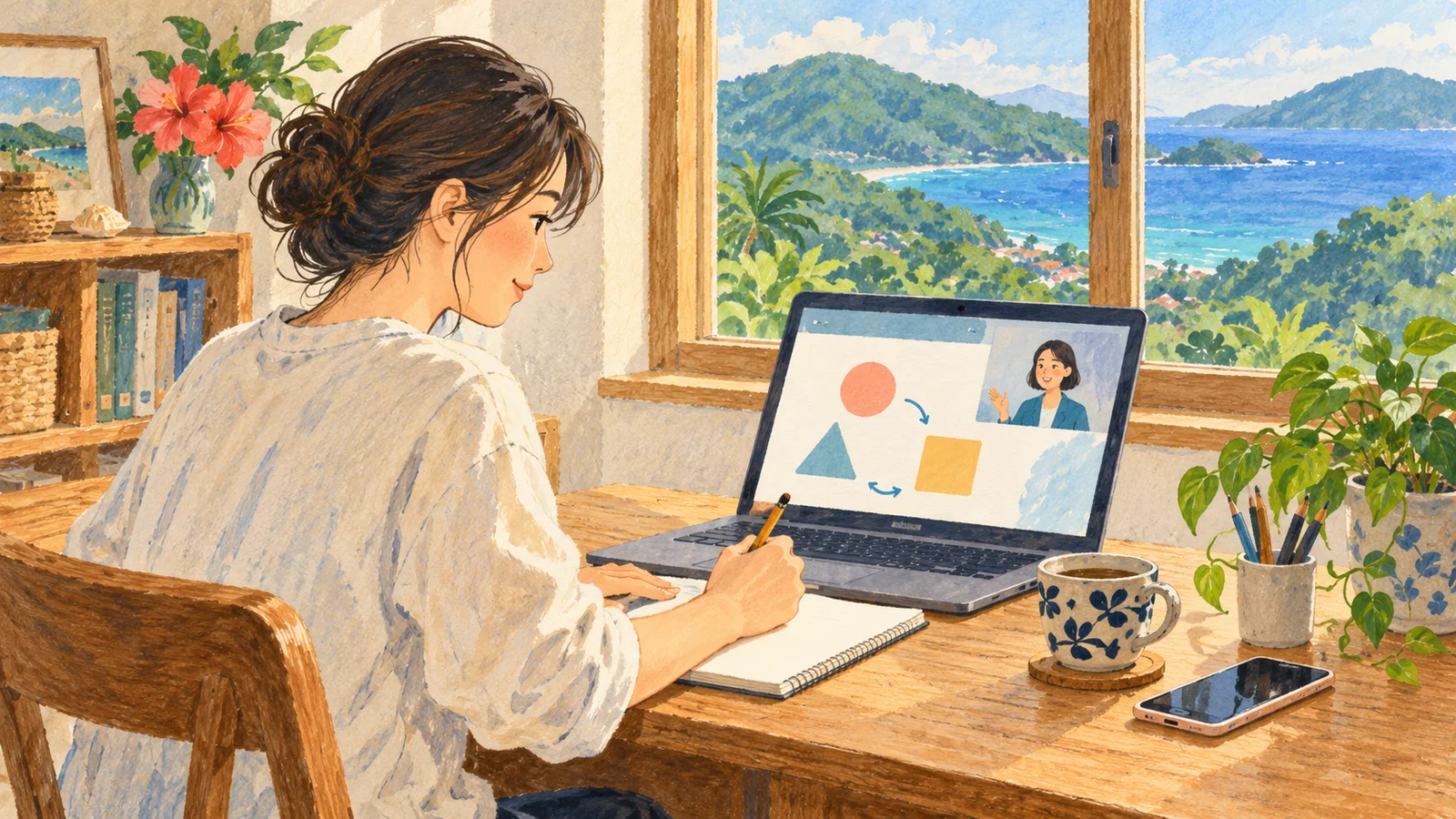 島の緑が見える架空の部屋で、大人がノートを取りながらパソコンでオンライン授業を見るAI生成イラスト