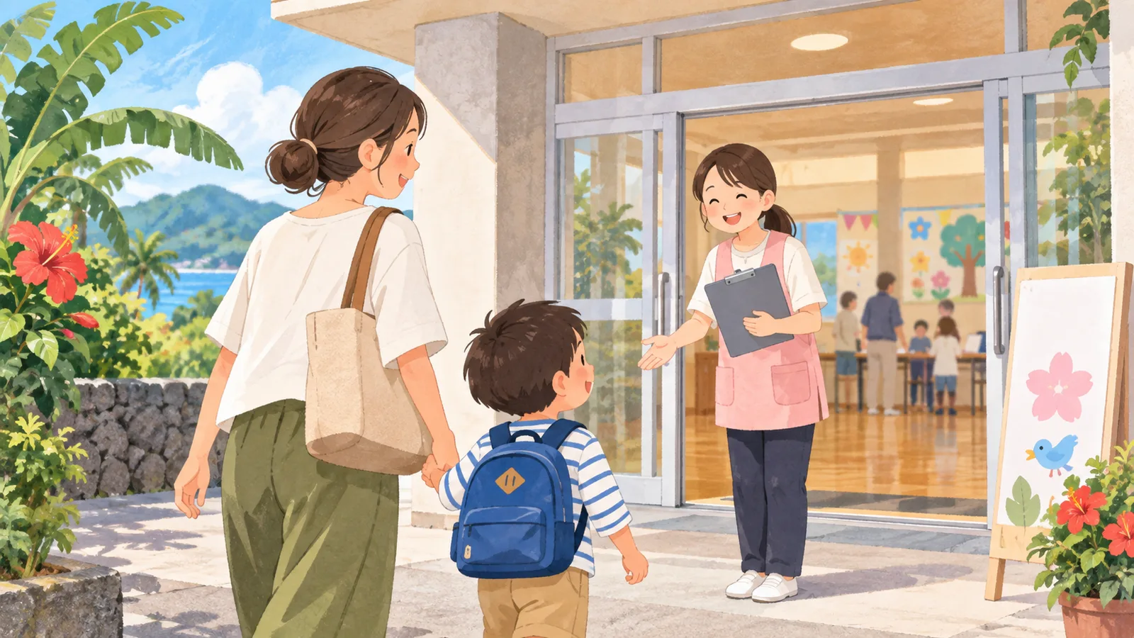 保護者と子どもが会場の入り口で案内係に迎えられる様子を描いたイラスト