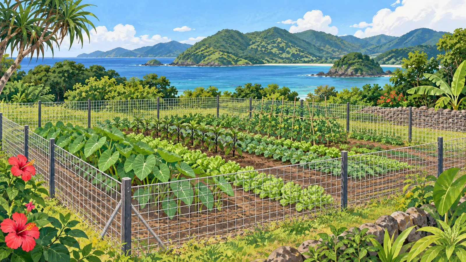 緑の畑を金網の柵が囲み、海と山が広がる奄美の風景を描いたイラスト