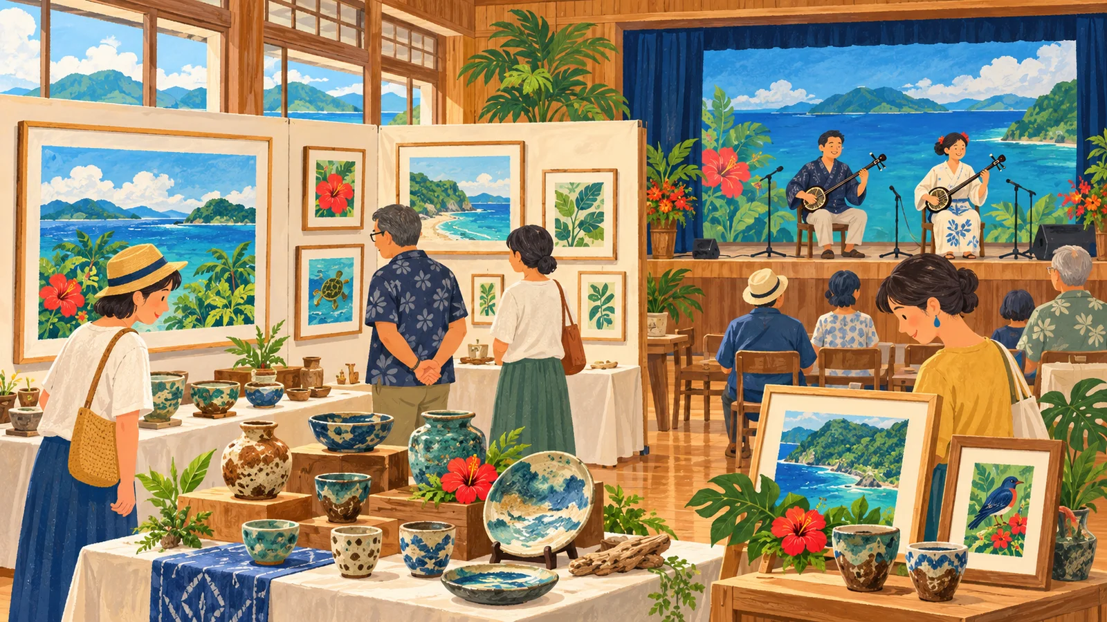 架空の会場に絵画や陶芸作品が並び、三味線を演奏する人を描いたAI生成イラスト