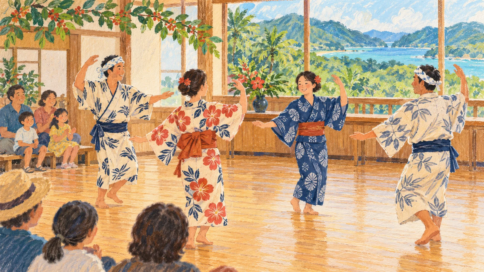 架空の屋内会場で地域の人々が輪になって踊り、観客が見守る様子を描いたAI生成イラスト