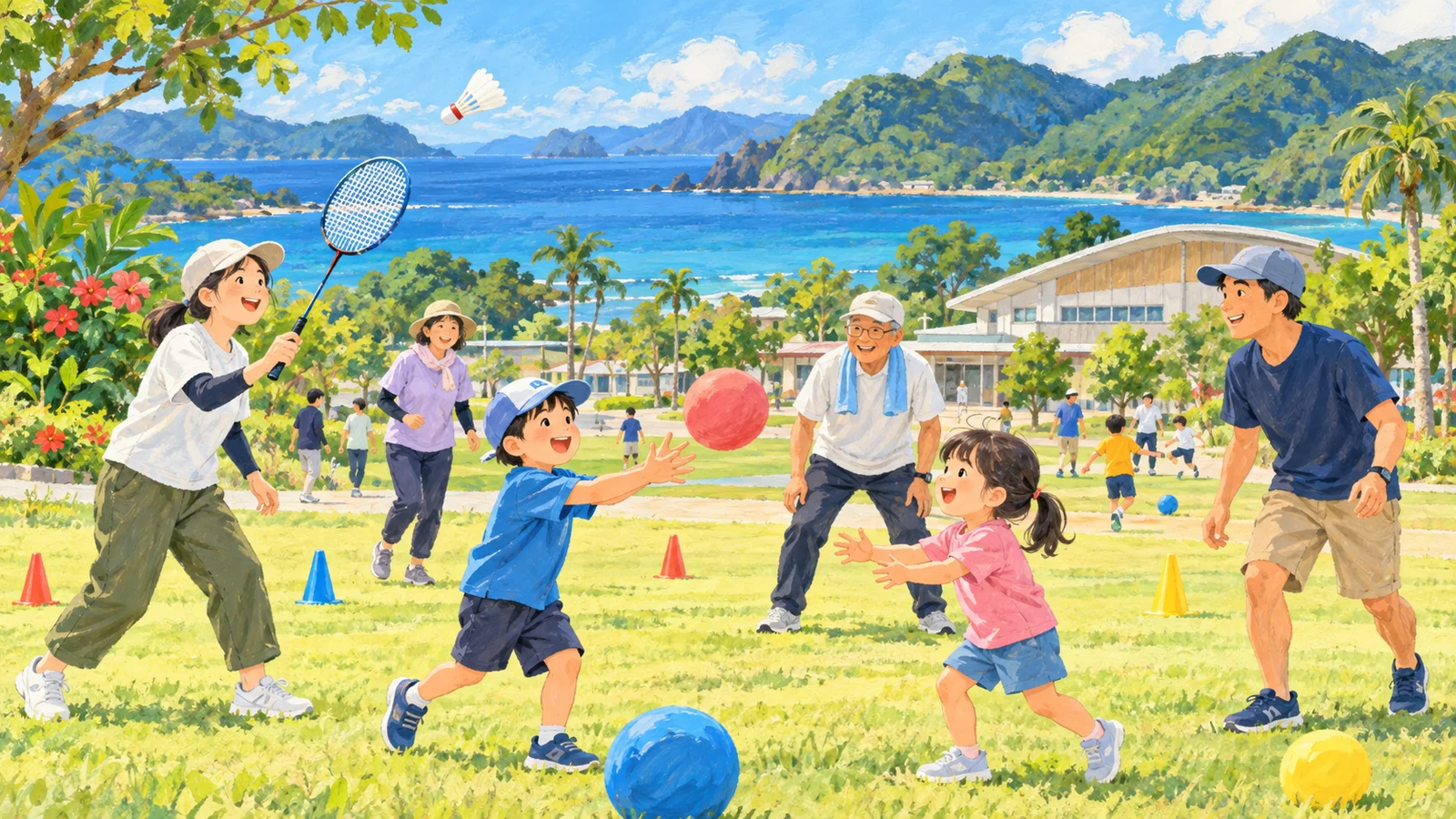 海と緑の山を背景に、架空の公園で子どもや大人がボールやラケットで遊ぶAI生成イラスト