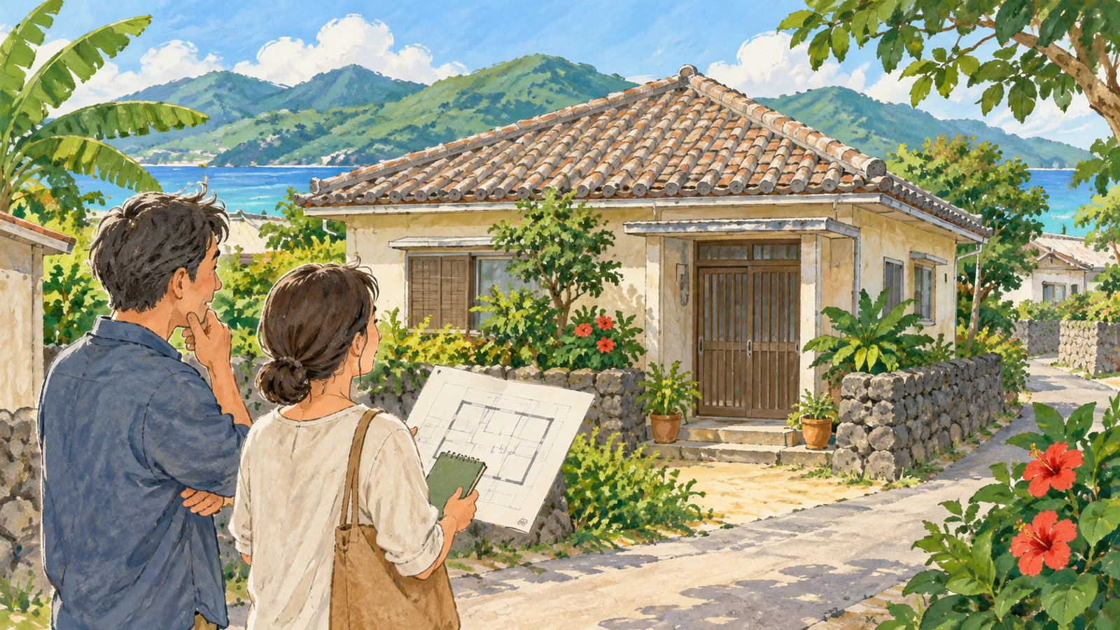 島の住宅街で、空き家のこれからを考えながら家と資料を見比べる人たちを描いたイラスト