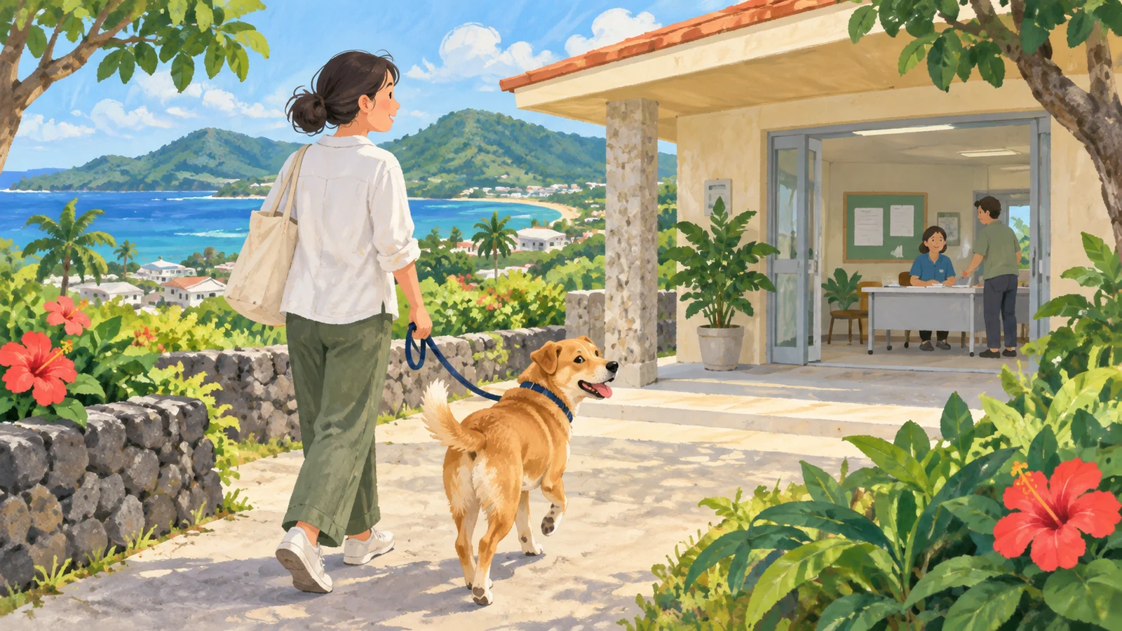 緑の島の集落で、首輪とリードを着けた犬と飼い主が地域の会場へ向かう様子を描いたイラスト