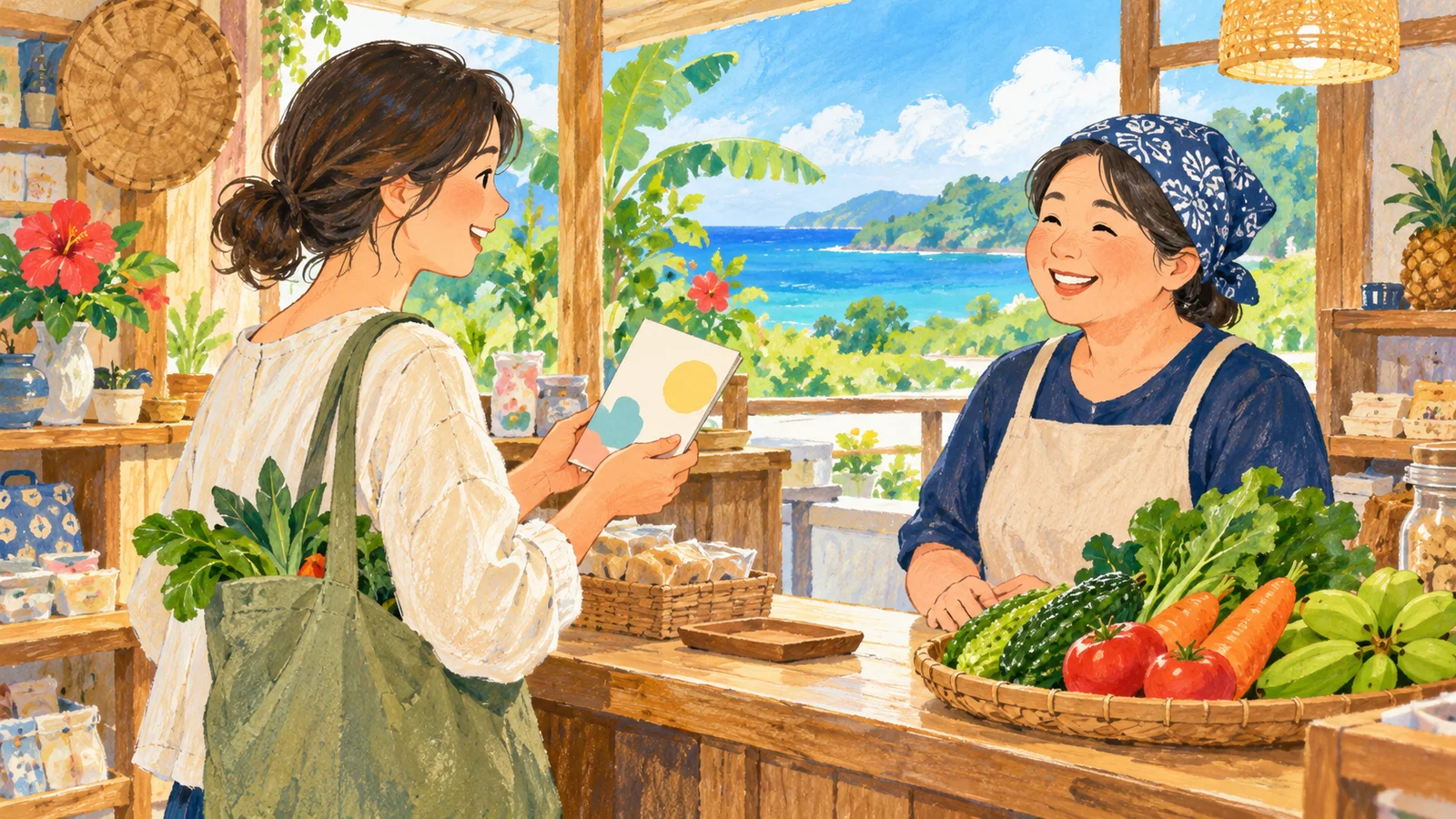 島の緑が見える架空の商店で、大人が商品券風の冊子と買い物袋を持つ様子を描いたAI生成イラスト