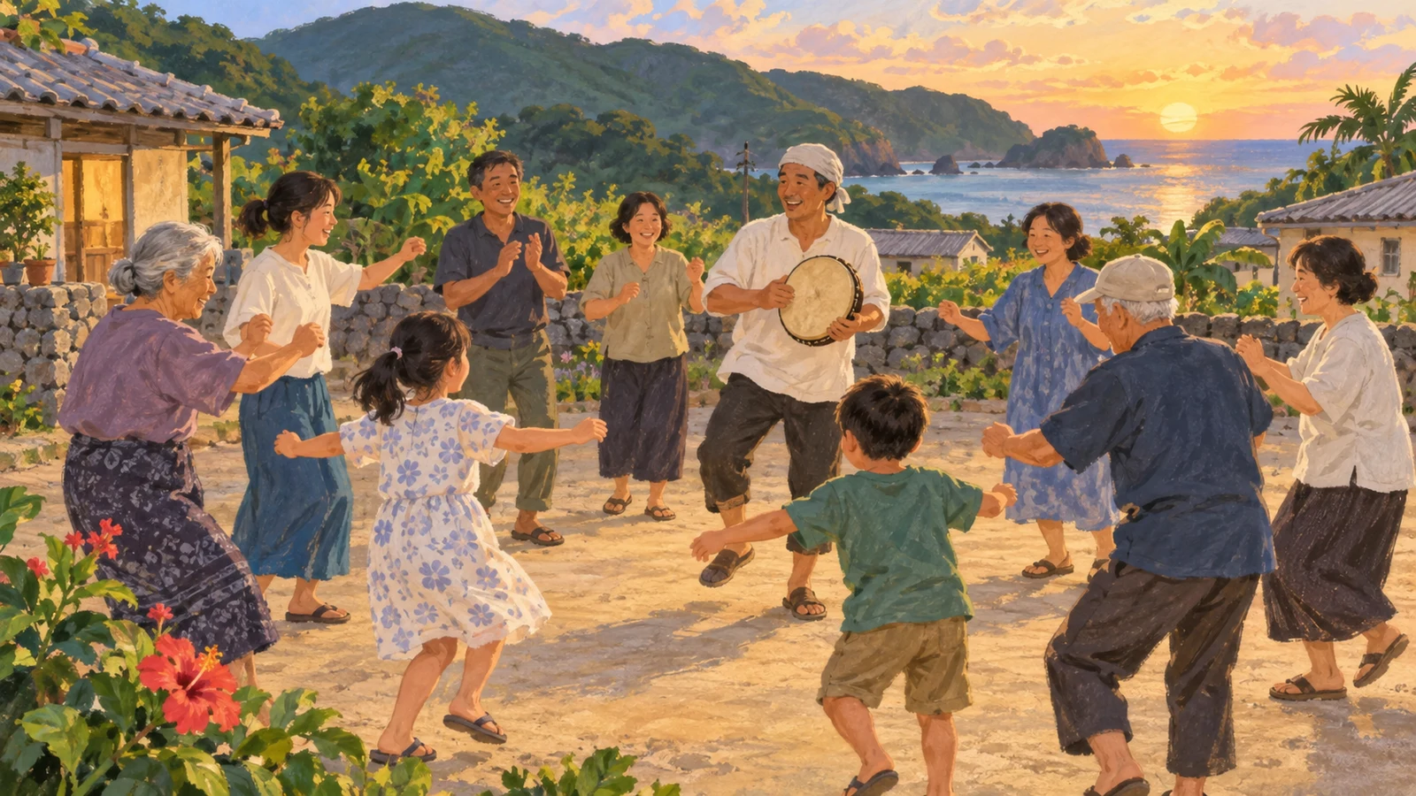 島の集落で、子どもからお年寄りまでが太鼓を囲んで踊る様子を描いたイラスト